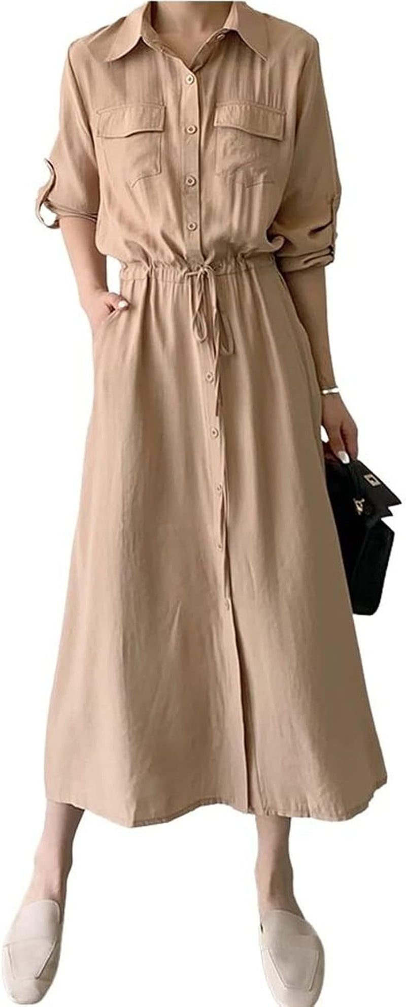 Chic Roll-Up Sleeve Button Down Shirt Dress for Women - Image 10
