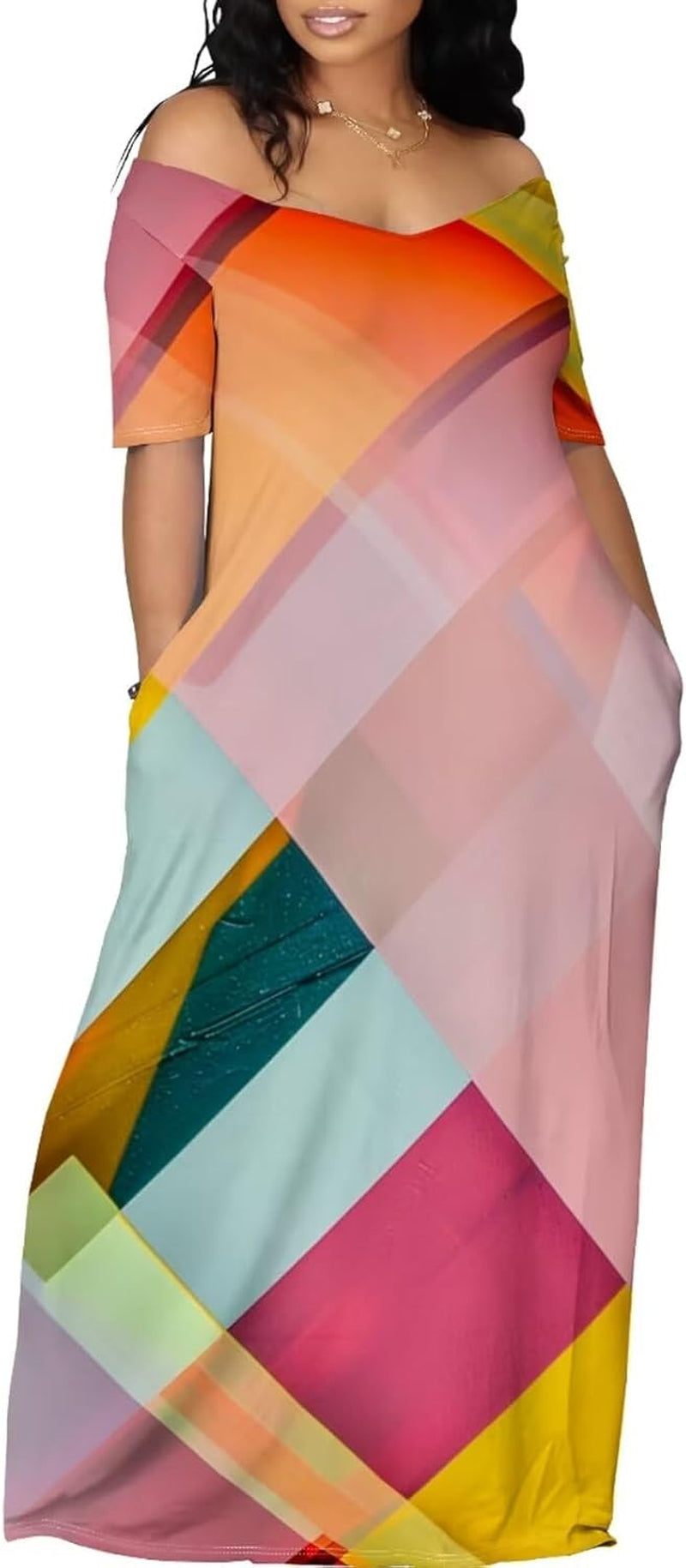 Geometric Summer Maxi Dress: Off-Shoulder Flowy Beach Chic - Image 13