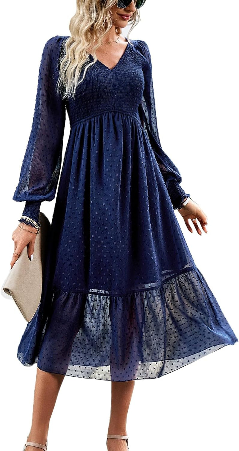 Swiss Dot V-Neck Midi Dress with Smocked Waist - Fall Collection - Image 5