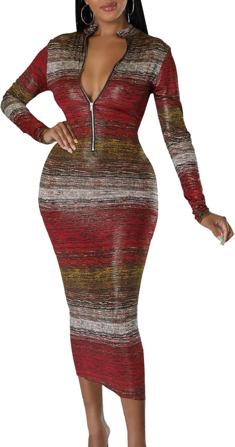Sexy Bodycon Midi Dress: Long Sleeve Print Party Clubwear for Women - Image 15