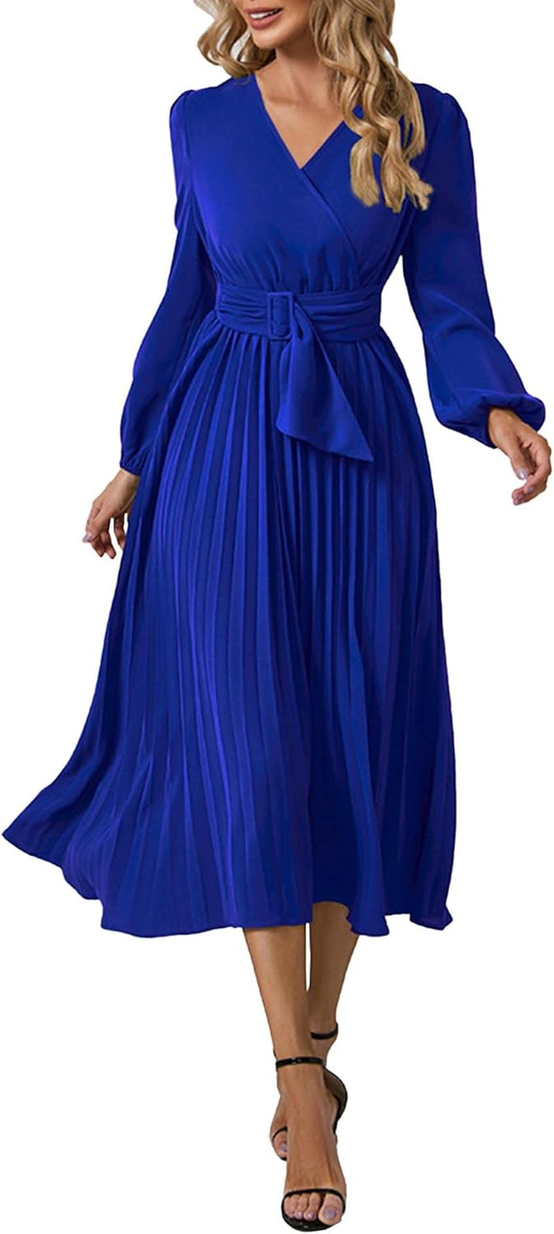 Elegant V-Neck Pleated Midi Dress with Lace-Up Detail - Image 8