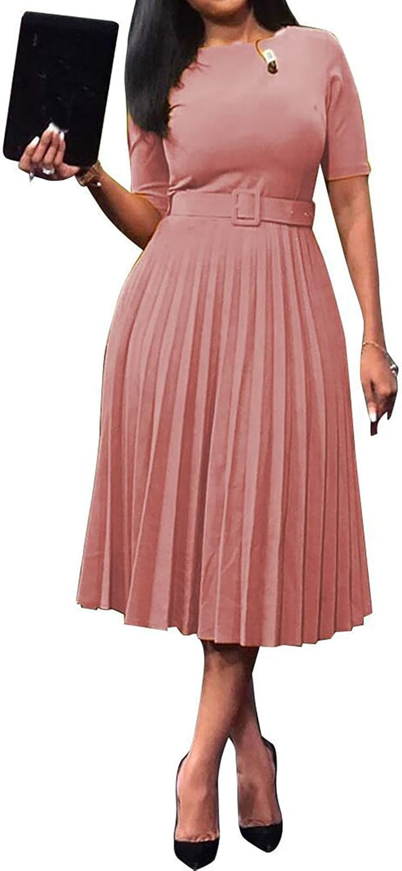 Chic Pleated Belted Midi Dress - Short Sleeve Crewneck Style - Image 9