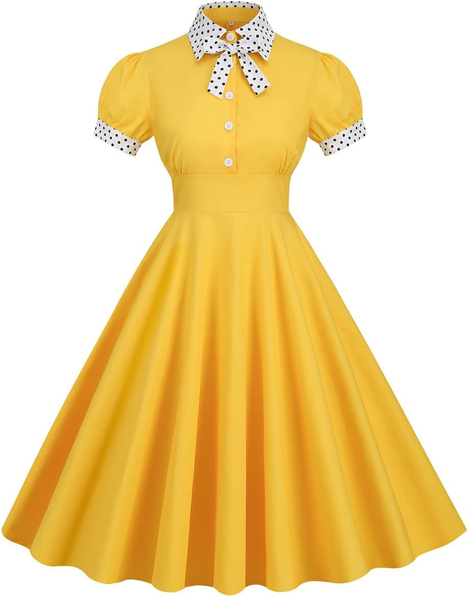 Vintage Tie Neck Flared Swing Dress for Women