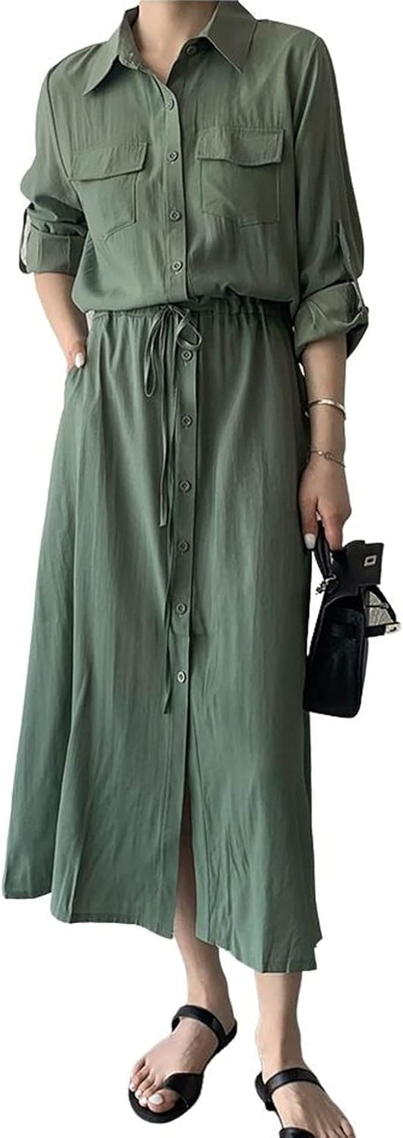 Chic Roll-Up Sleeve Button Down Shirt Dress for Women - Perfect for Work or Casual!