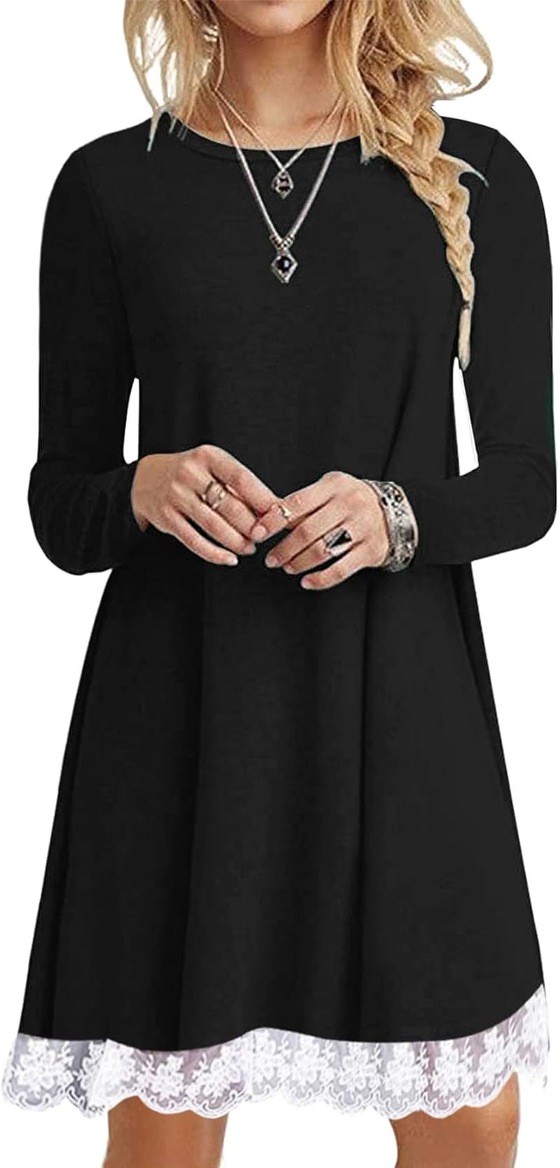 Lace Hem Casual Dress: Long Sleeve with Pockets by - Image 4