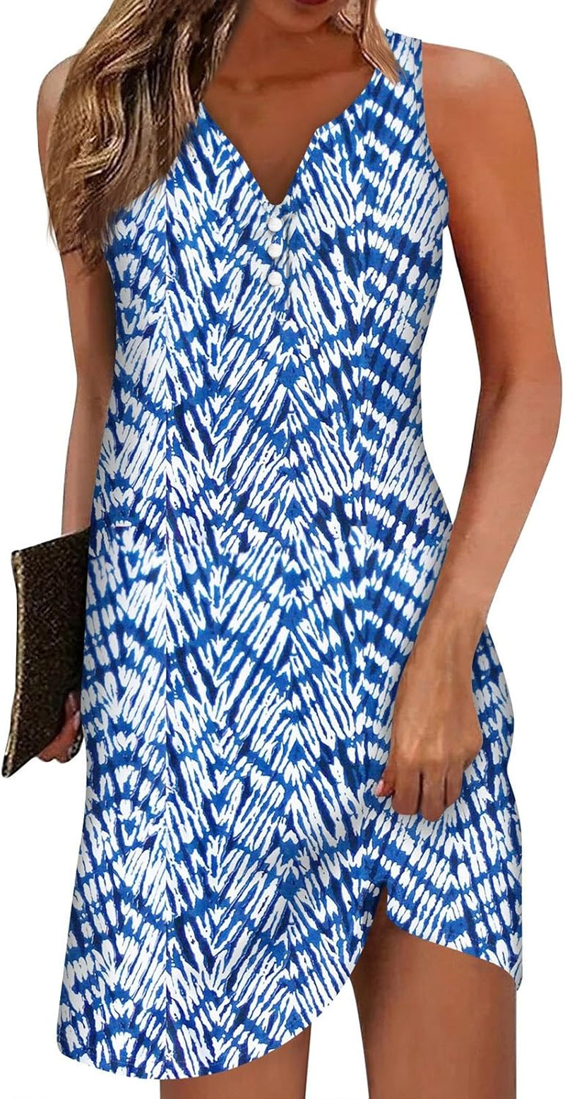 V Neck Sleeveless Button Down Sundresses - Printed Mini Dresses - Image 41