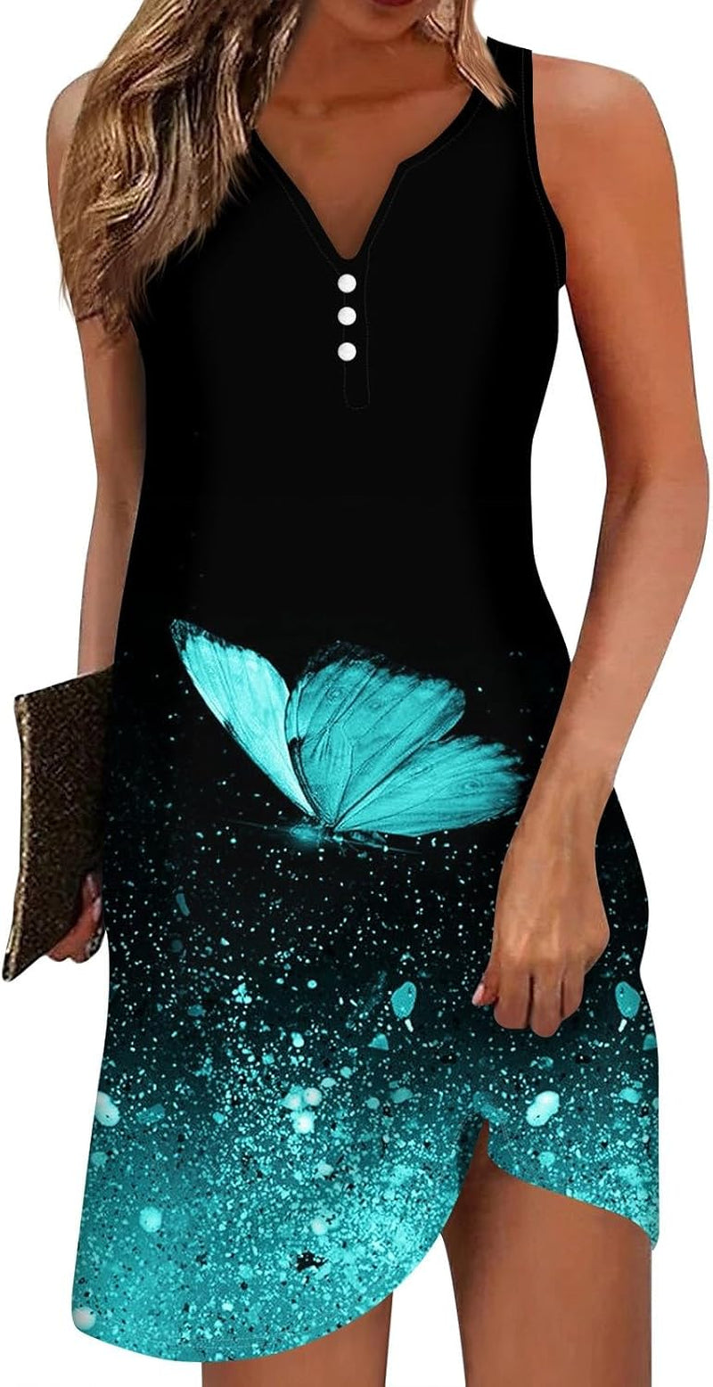 V Neck Sleeveless Button Down Sundresses - Printed Mini Dresses - Image 30