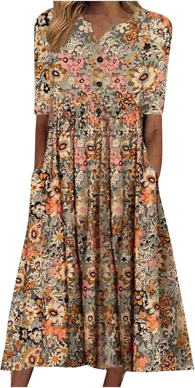 Floral V-Neck Midi Dress with Pockets