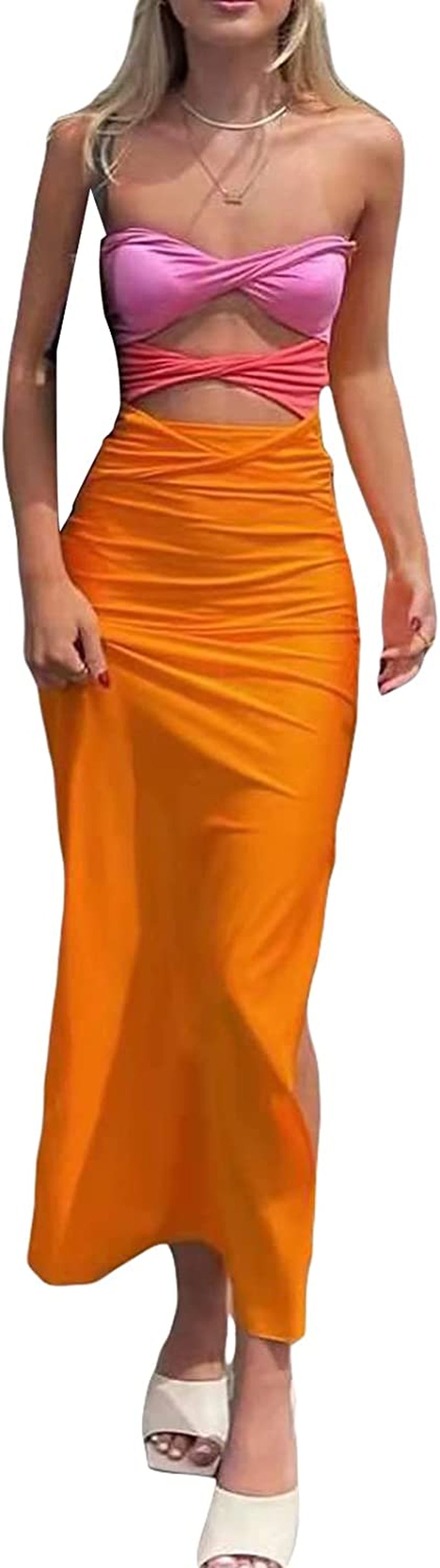 Y2K Twist Front Backless Maxi Dress - Pink & Orange Bodycon - Image 27
