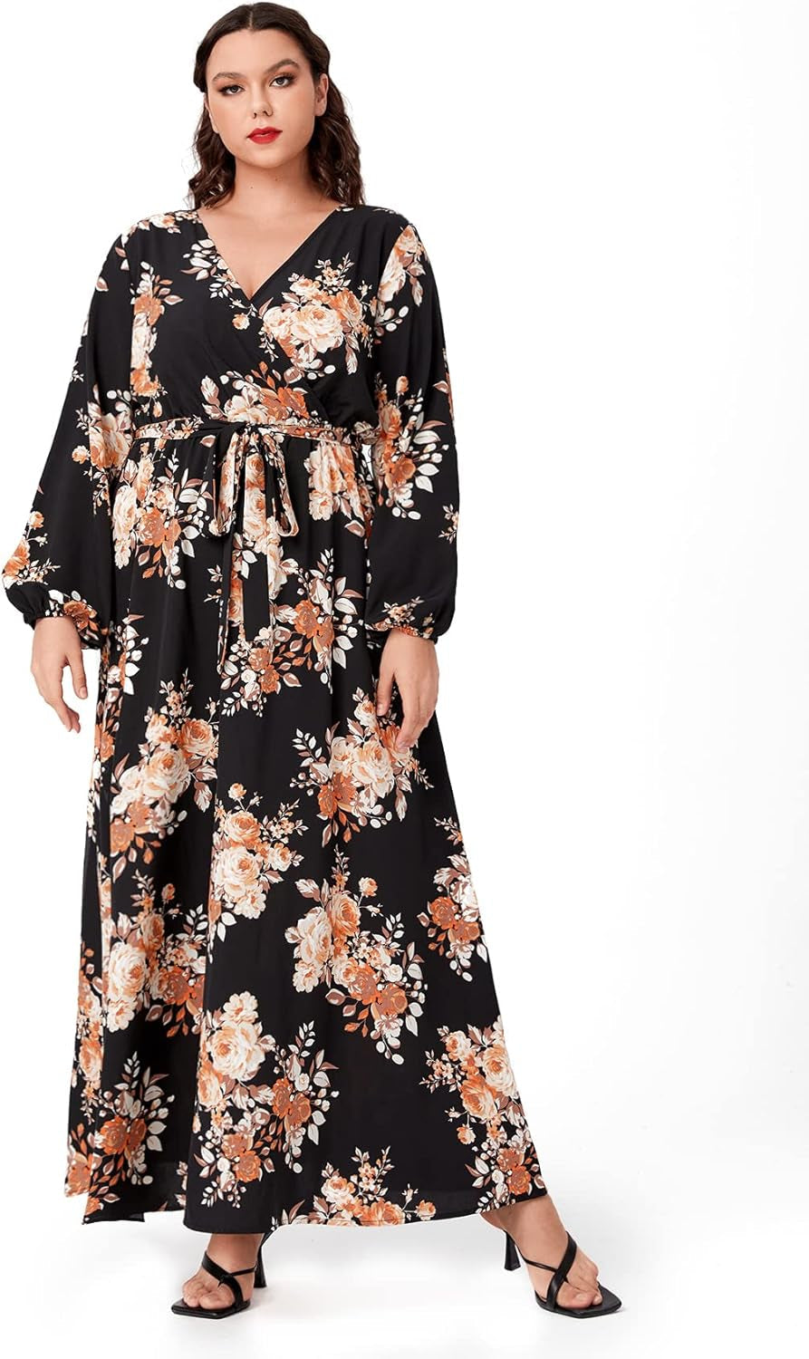 Floral V-Neck Bishop Sleeve Dress with Belt - Plus Size - Image 13
