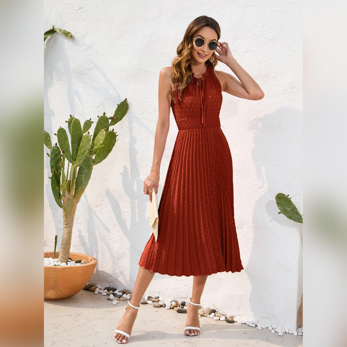 Swiss Dot Pleated Midi Dress with Tie Neck - Summer Wedding Guest Attire 2024 - Image 6