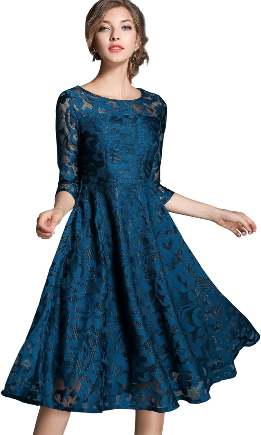 Retro Floral Lace V-Neck Fit and Flare Midi Dress for Women