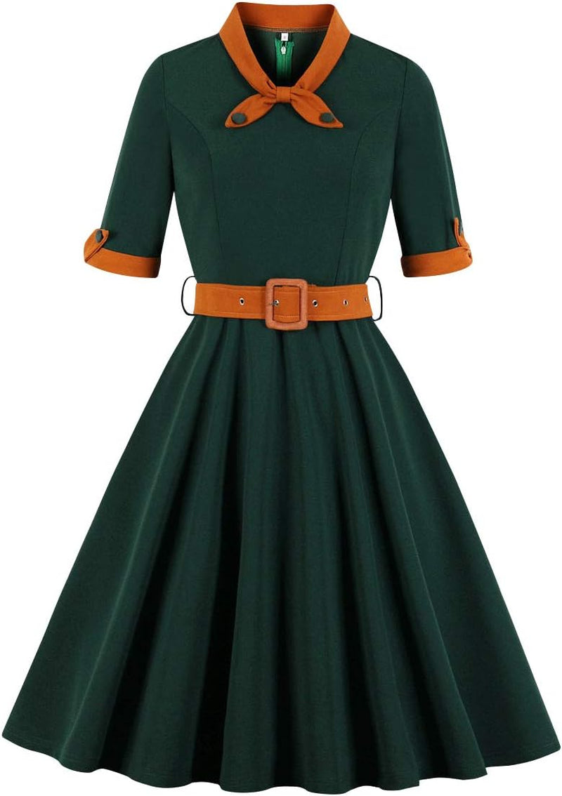 Vintage Tie Neck Short Sleeve Cocktail Party Dress - Flared A-Line Style - Image 32