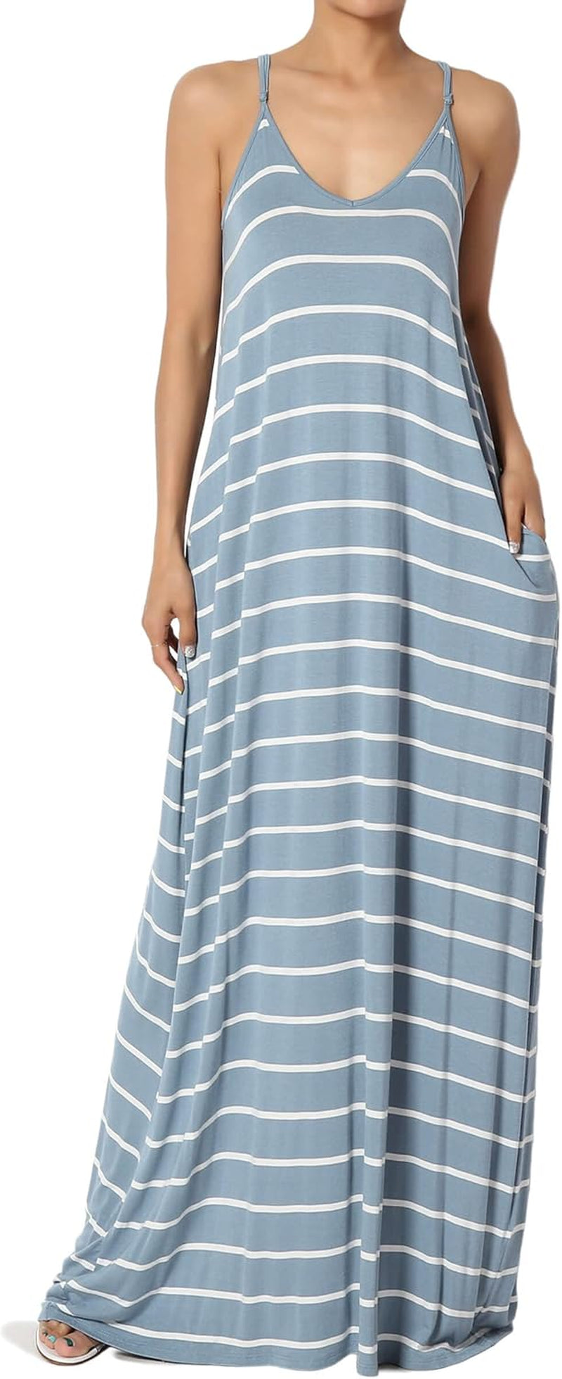 Stripe V-Neck Draped Maxi Dress with Pockets - Women's Casual Chic Style - Image 20