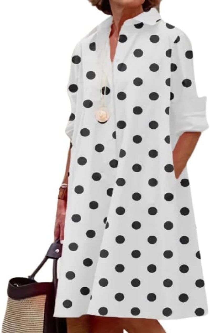 Linen Button Down Shirt Dress: Plus Size, Midi Length, Printed, with Pockets - Image 27