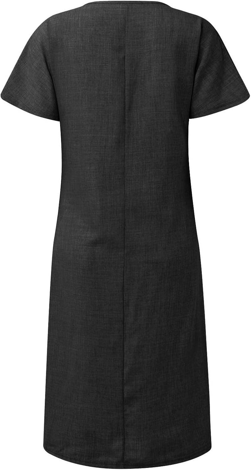 Plus Size Cotton Linen Swing Dress - Casual Short Sleeve Round Neck Romper for Women - Image 6