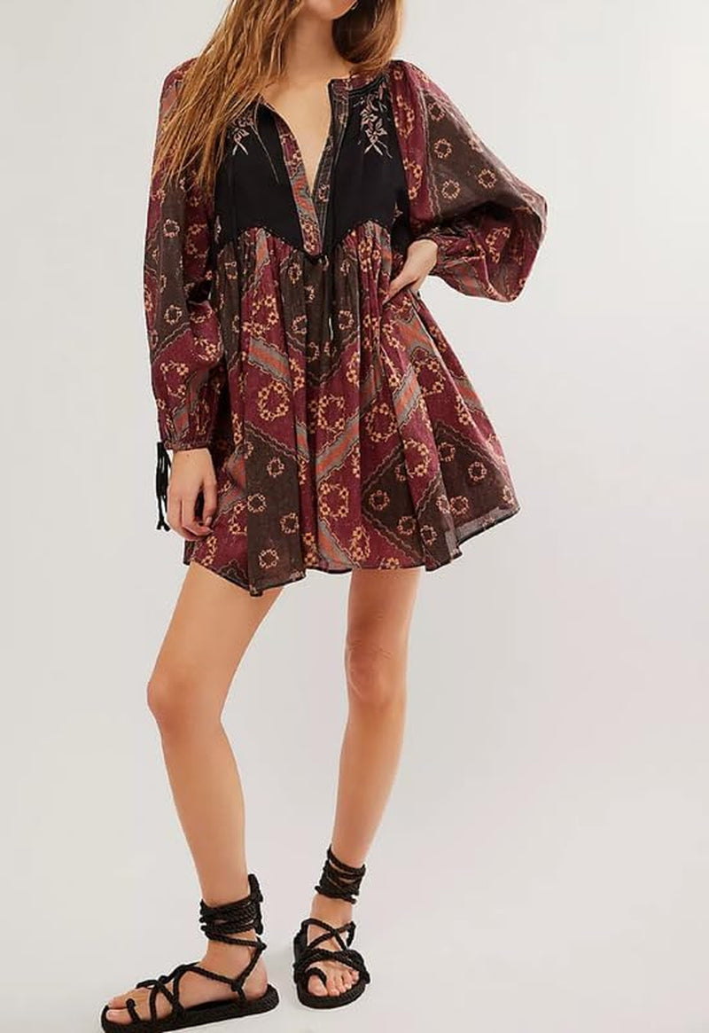 Boho Floral Print Mini Dress: Flowy Babydoll with Puff Sleeves - Image 4