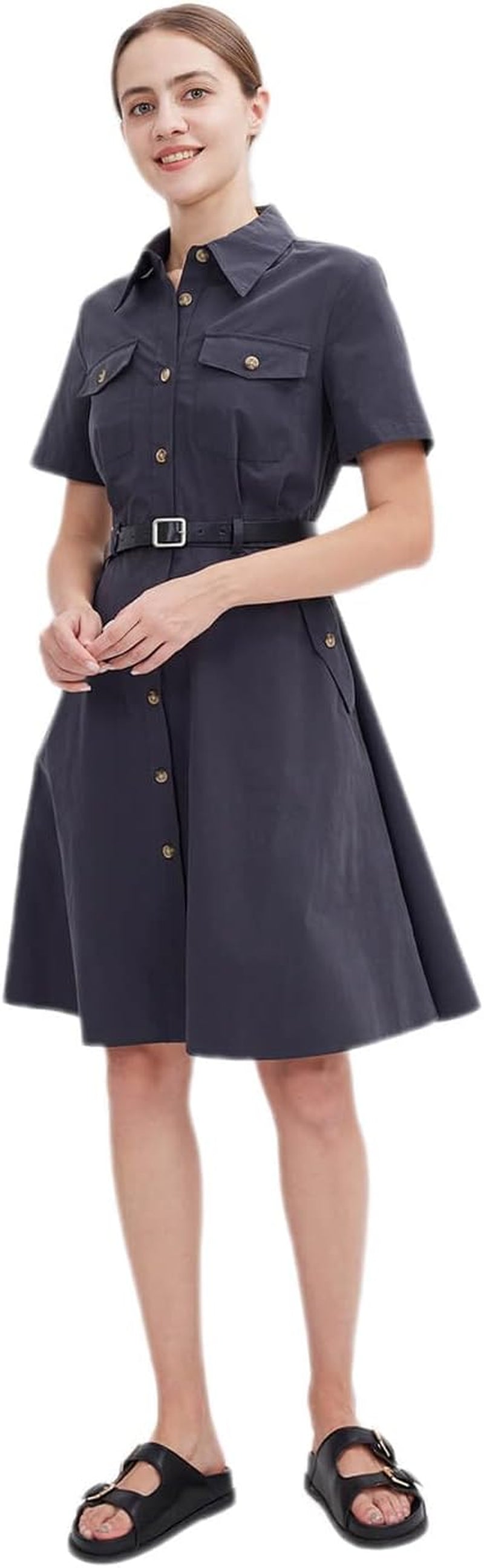 Chic Safari Shirt Dress: Women's Short Sleeve, Collared Button Down with Belt