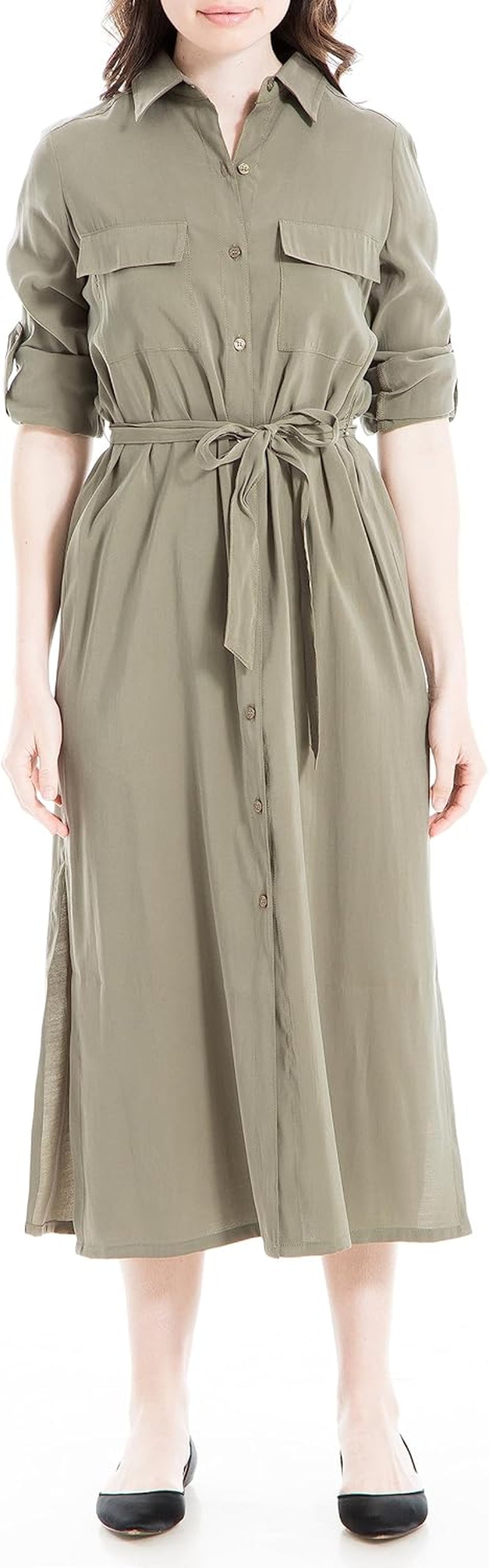 Chic Peachskin Tab Sleeve Midi Shirt Dress for Women by - Image 5