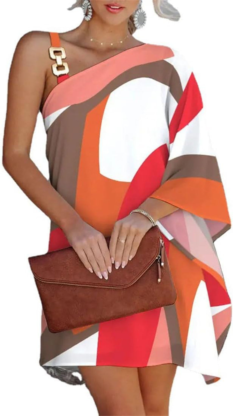Metallic One Shoulder Mini Dress with Batwing Sleeve and Irregular Hem
