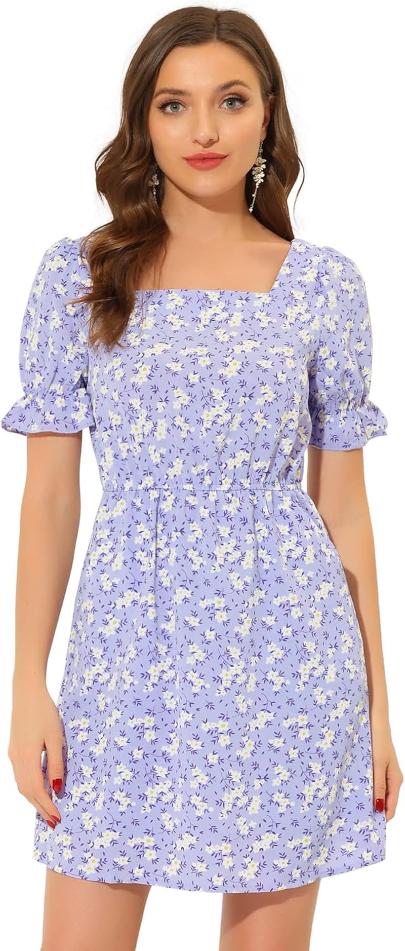Floral Puff Sleeve Short Dress with Square Neck and Elastic Waist - Image 10