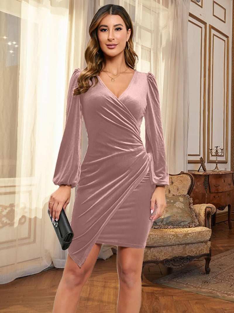 V-Neck Velvet Ruched Bodycon Cocktail Party Dress - Image 4