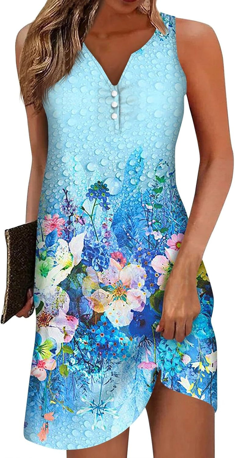 V Neck Sleeveless Button Down Sundresses - Printed Mini Dresses - Image 12