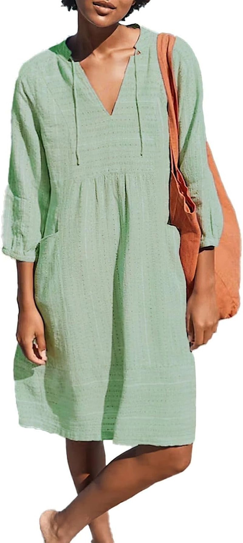 Summer Vibes Drawstring V Neck Tunic Dress with Pockets