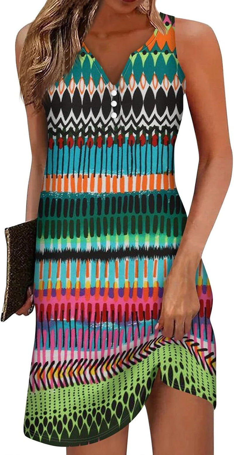 V-Neck Button Down Mini Sundresses - Sleeveless, Printed, Lightweight - Image 32