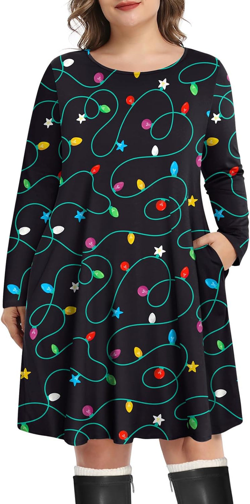 Pinup Chic: Long Sleeve Plus Size T-Shirt Dress with Pockets - Image 7