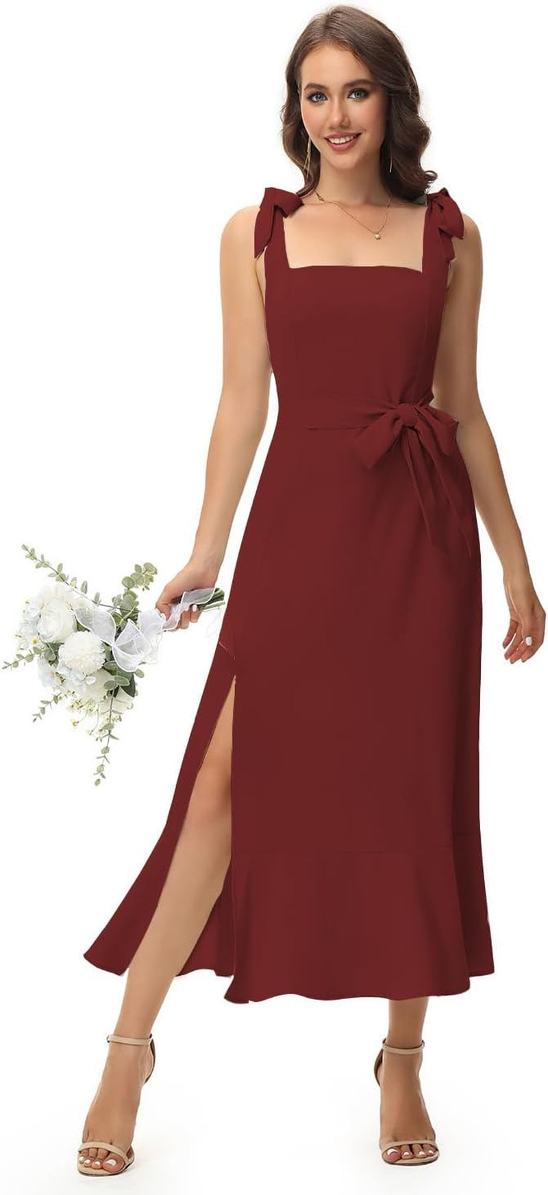 Ruffled Elegance: Deep V Neck Bridesmaid Dress with Slit - Image 17
