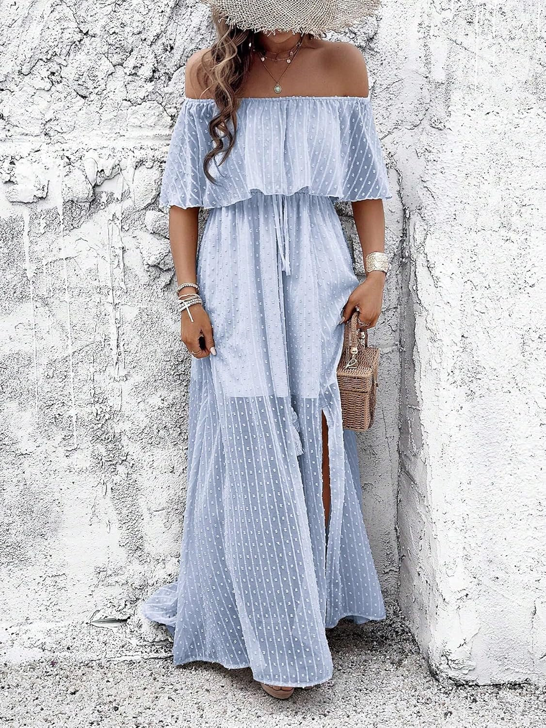 Swiss Dot Maxi Dress: Off-Shoulder Ruffle Corset & Tassel Details - Image 4