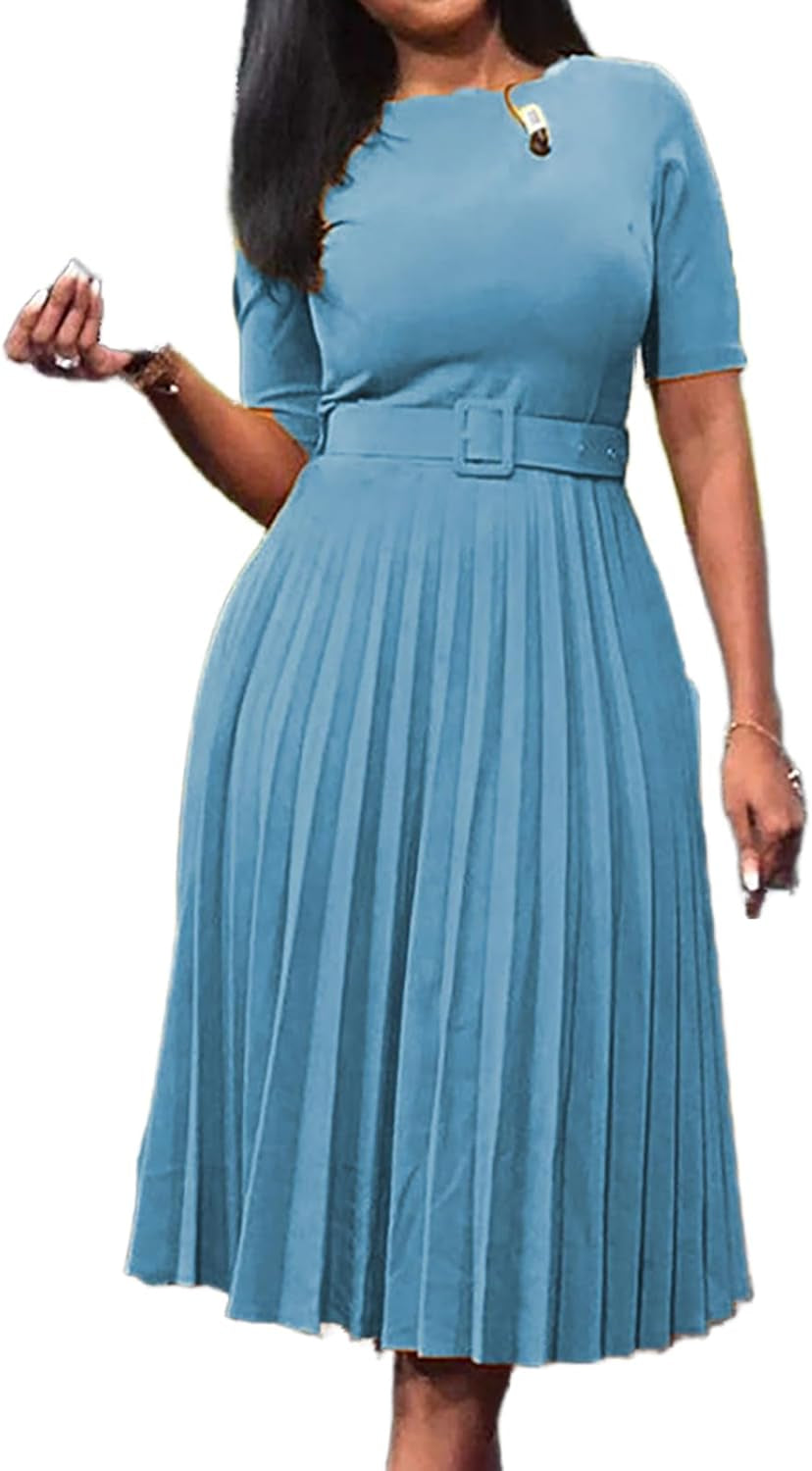 Chic Pleated Belted Midi Dress - Short Sleeve Crewneck Style - Image 8
