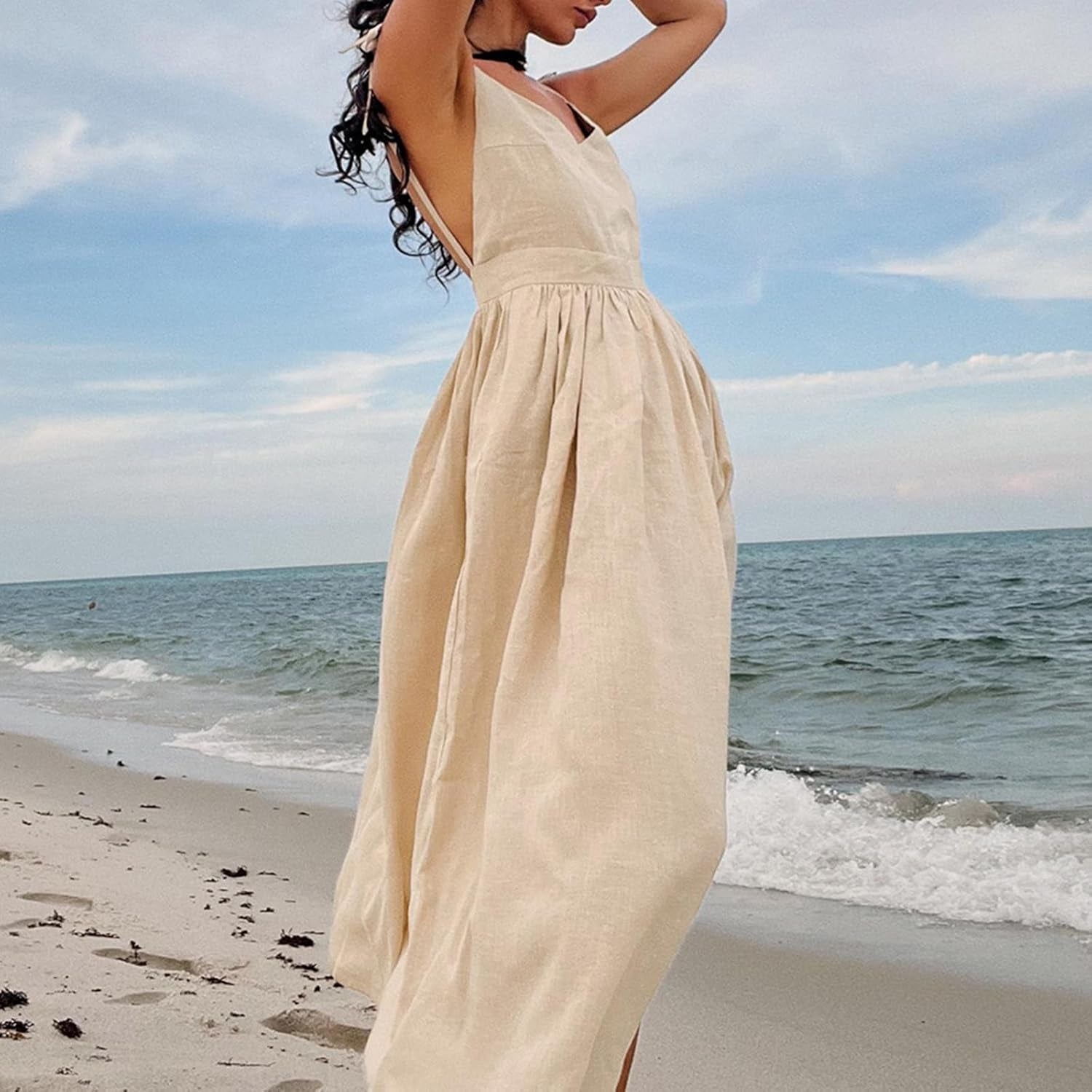 Flowy Summer Cami Dress with V-Neck and Lacing-Up Details - Image 7