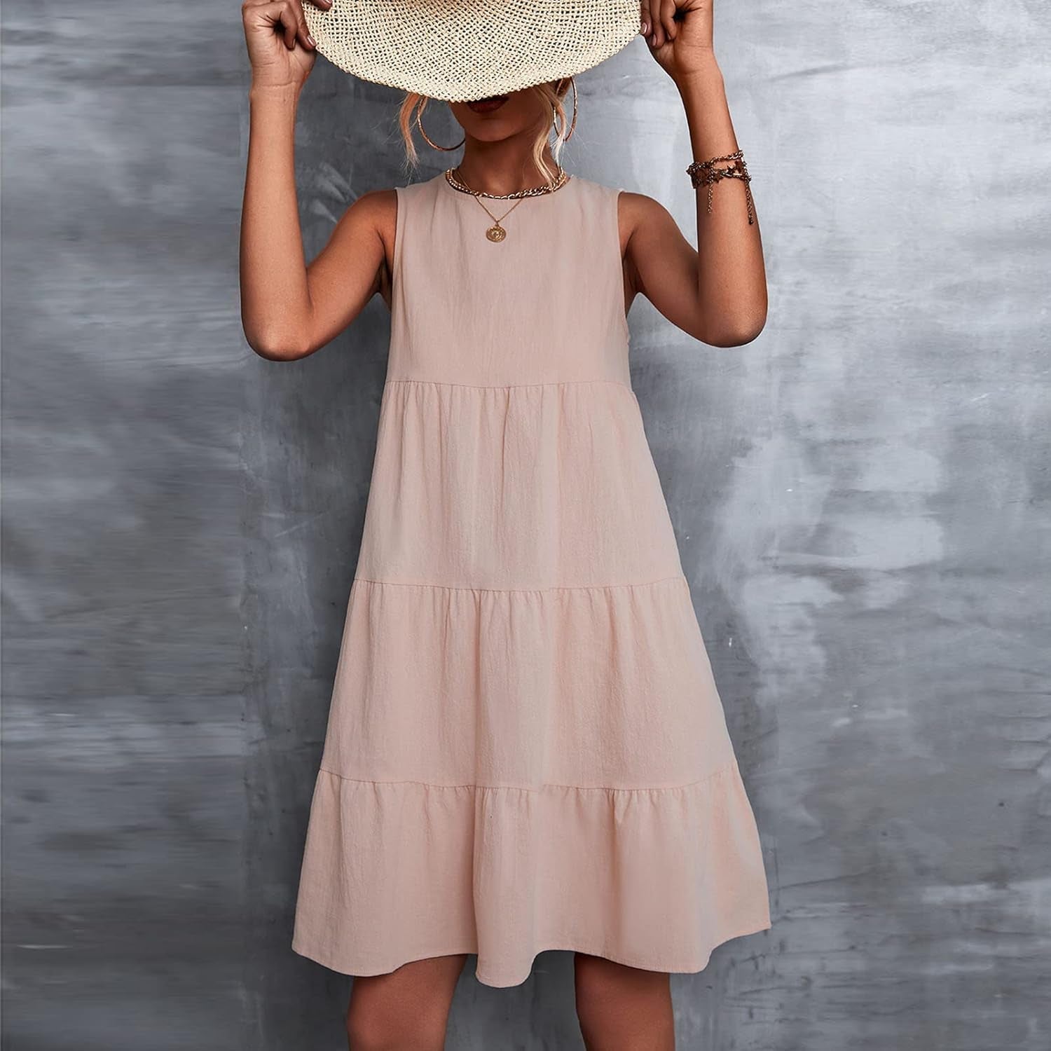 Sleek Summer Chic Sleeveless Tiered Dress - Women's Solid Color Crewneck Dress - Image 5