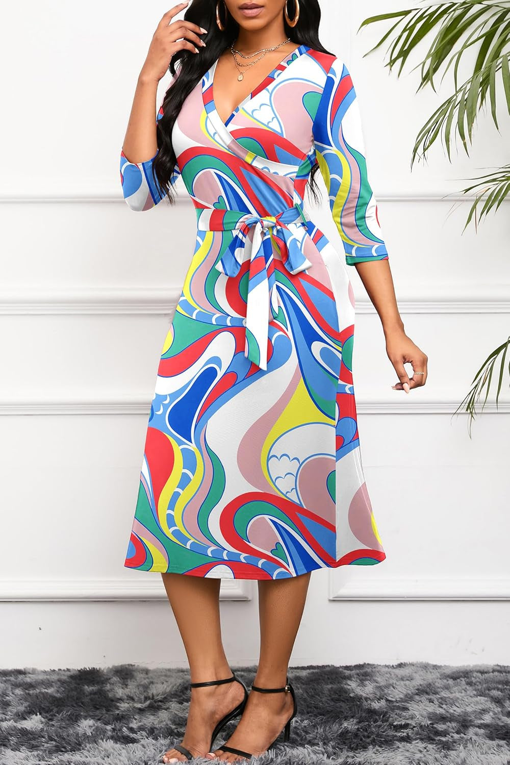 Geometric Charm: V-Neck Midi Dress with Belt for Cocktail Parties - Image 3