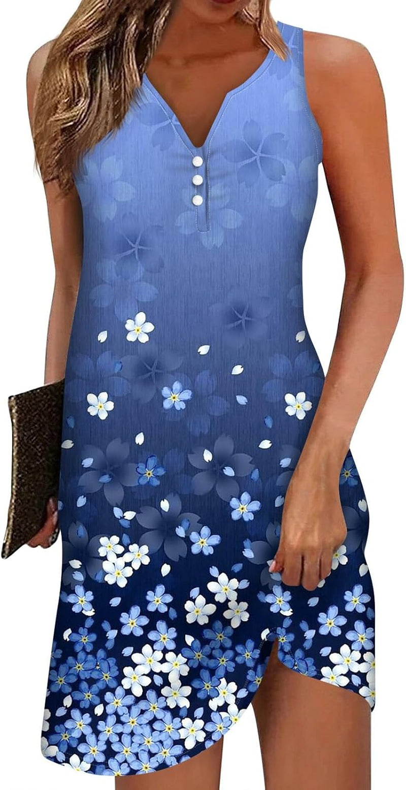V Neck Sleeveless Button Down Sundresses - Printed Mini Dresses - Image 26