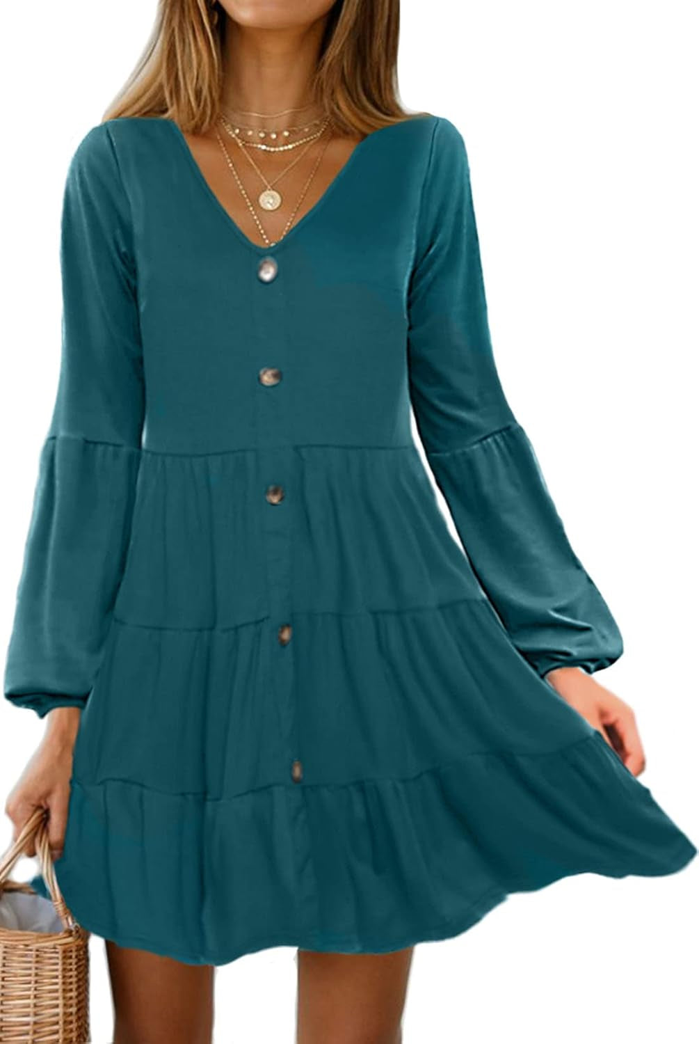 Vintage-Inspired Button Front Swing Dress with Puff Sleeves