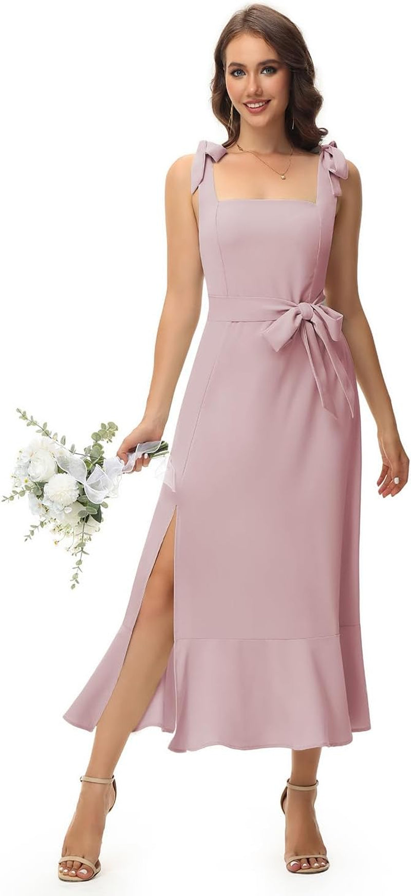 Elegant Ruffle Sleeve Bridesmaid Dress with Deep V-Neck and Side Slit - Image 10
