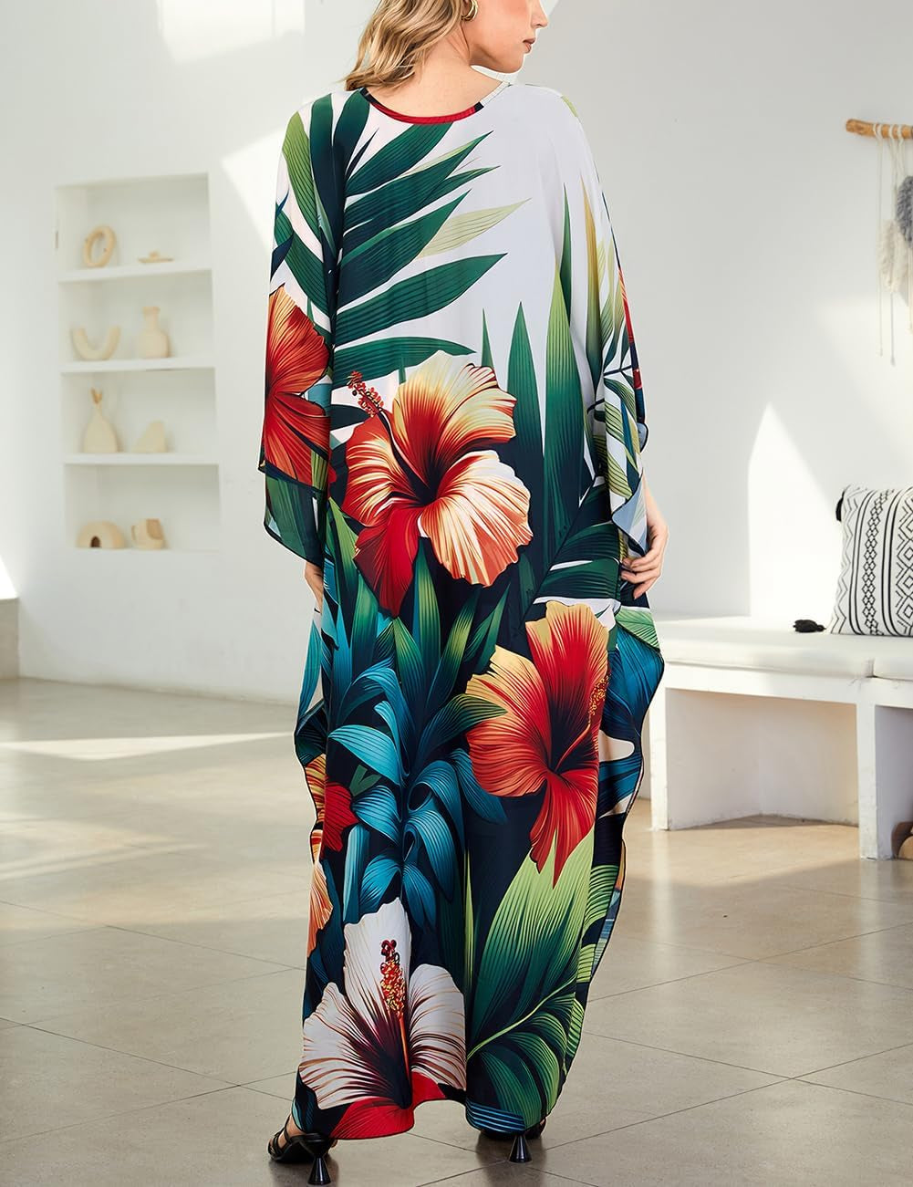 Bohemian Paradise: Floral Print Batwing Caftan Dress for Women - Image 7