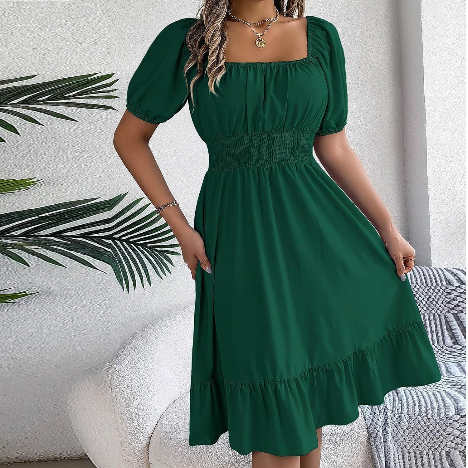 Square Neck Puff Sleeve Milkmaid Dress - Casual & Cute Summer Style - Image 3