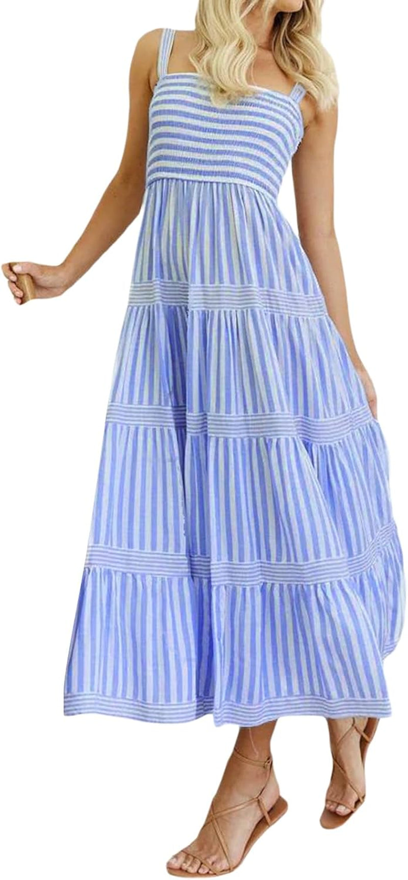 Y2K Striped Smocked Maxi Dress - Backless Spaghetti Strap Flowy Sundress