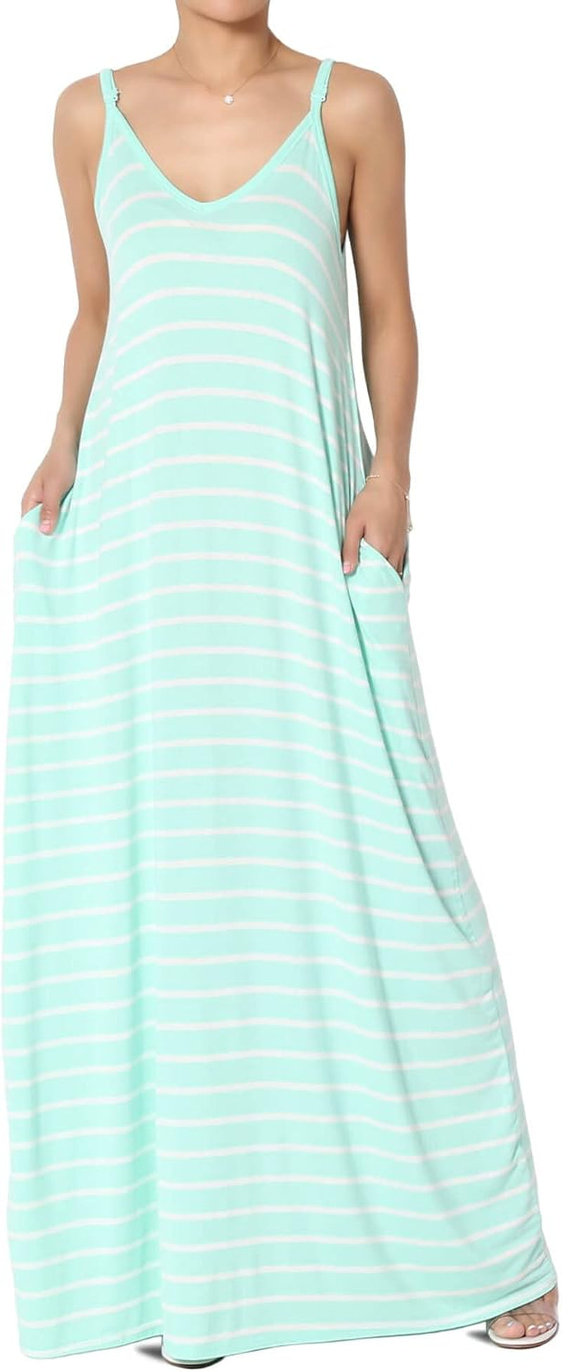 Stripe V-Neck Draped Maxi Dress with Pockets - Women's Casual Chic Style - Image 15