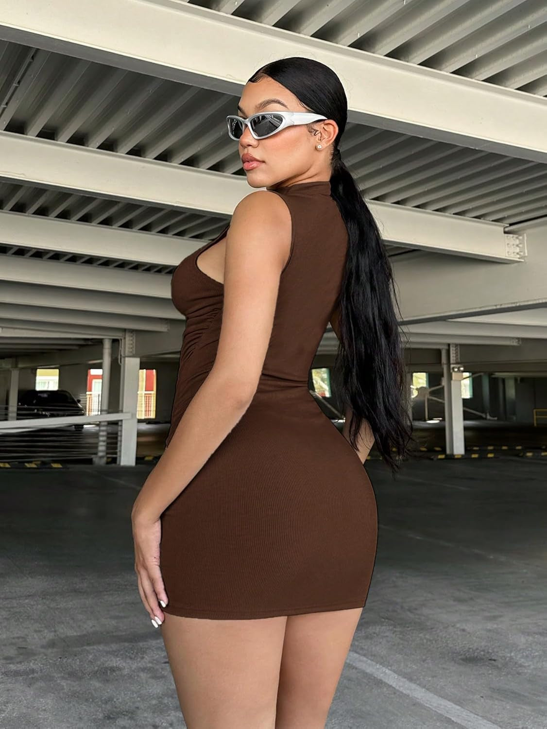 Ruched Mock Neck Mini Tank Dress - Sleeveless Bodycon Club Party Dress - Image 3