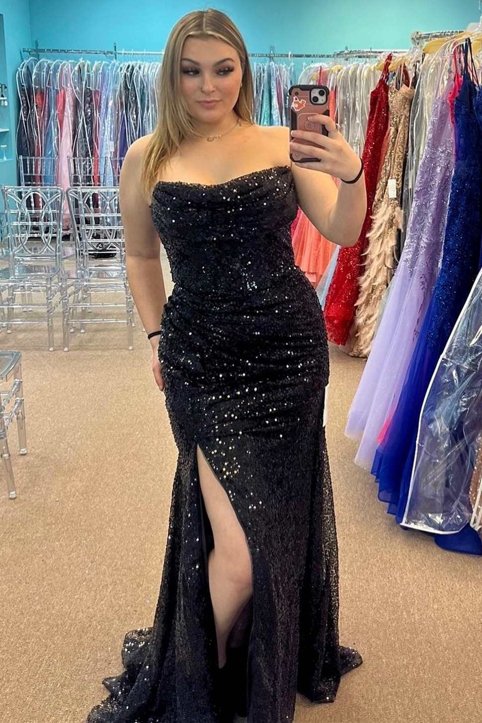 Plus Size Black Sequins Strapless Mermaid Long Prom Dress with Slit ...