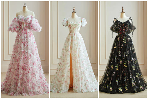 A-Line Printed Floral Prom Dresses