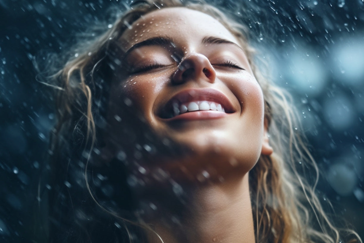 Blonde girl under the rain having an orgasm