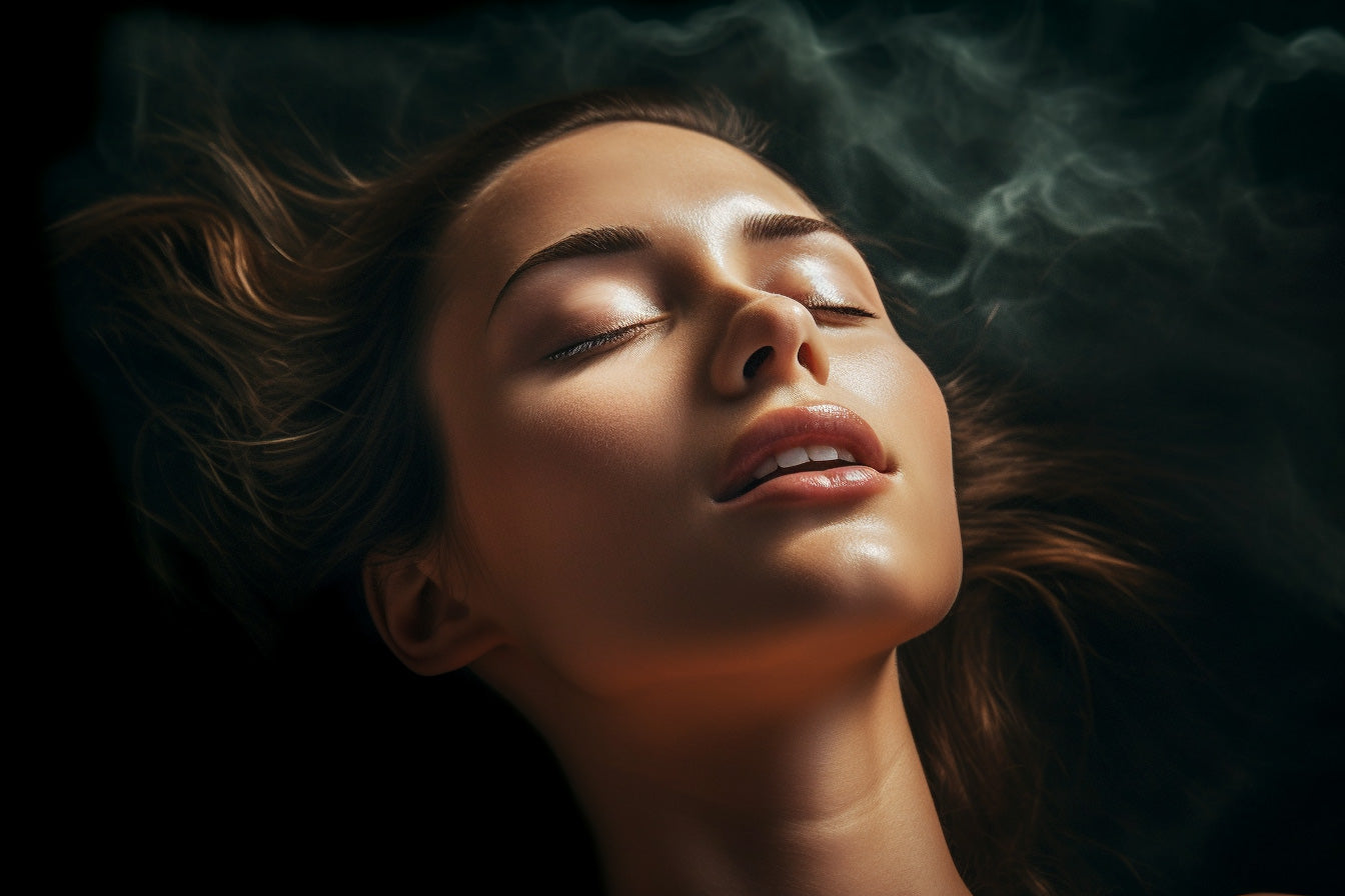 Woman face photography, lying on the back having an orgasm, amazing light