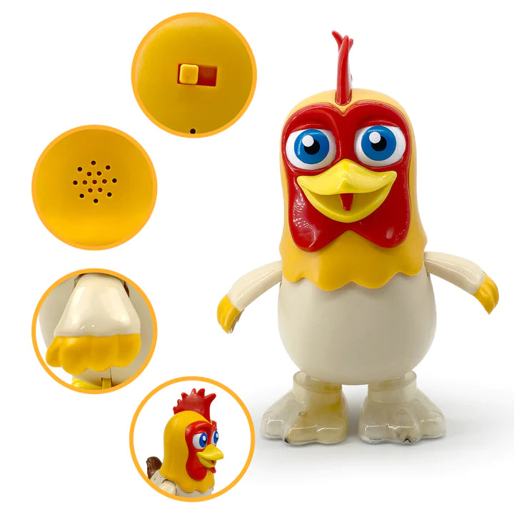 Close-up of the Dancing Chicken Bartolito showing design details including speaker, button, and movement mechanics