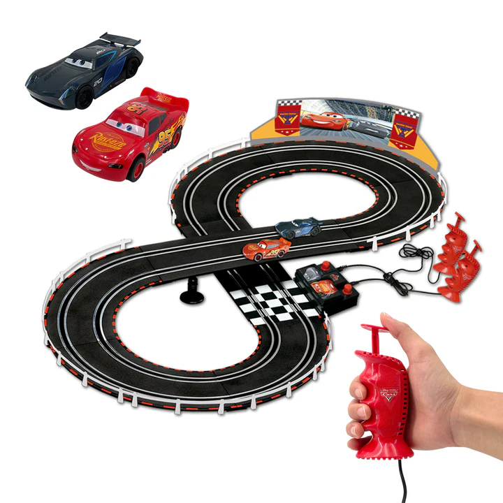 Disney Lightening McQueen 1:43 scale slot car set including a figure-eight track and two slot cars.